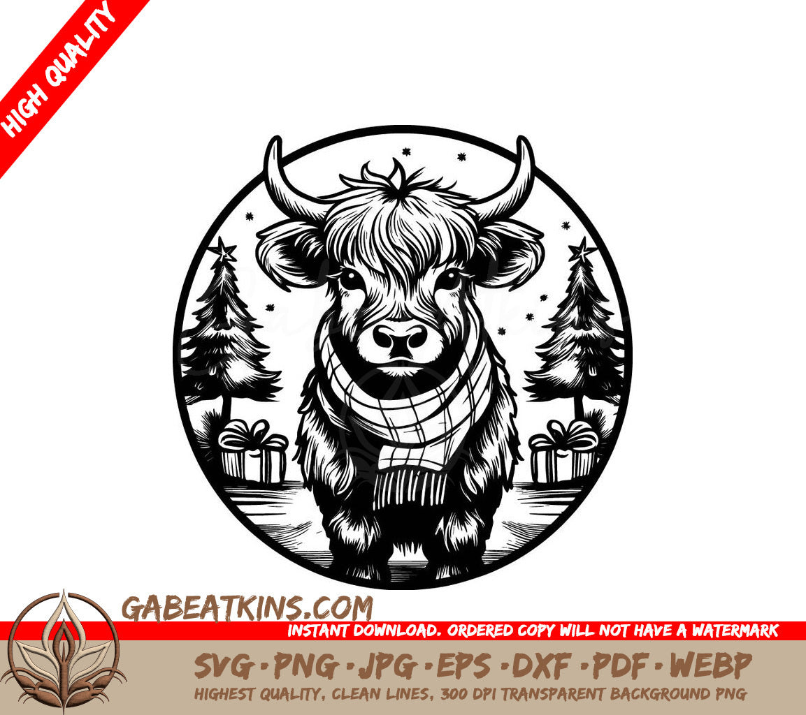Highland Cow Bull in Scarf by Festive Fireplace - SVG SVG