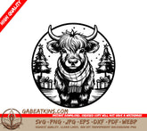 Highland Cow Bull in Scarf by Festive Fireplace - SVG SVG