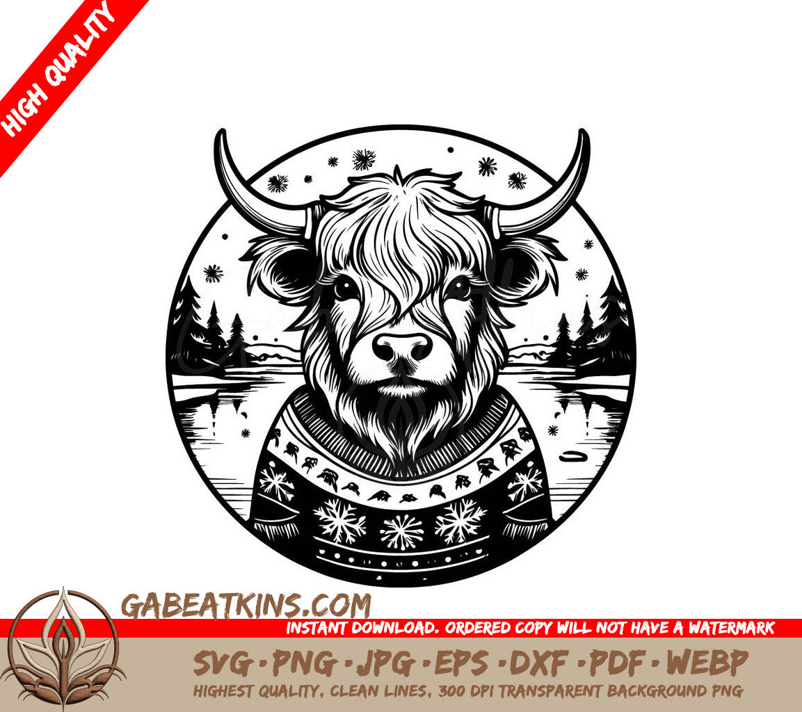 Highland Cow Christmas Sweater SVG - Bull with Ice Skaters SVG