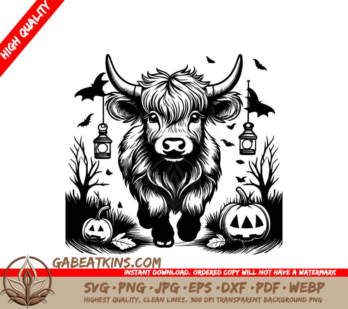 Spooky Highland Cow with Pumpkins & Bats SVG SVG