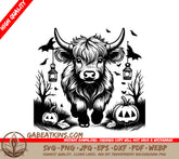 Spooky Highland Cow with Pumpkins & Bats SVG SVG