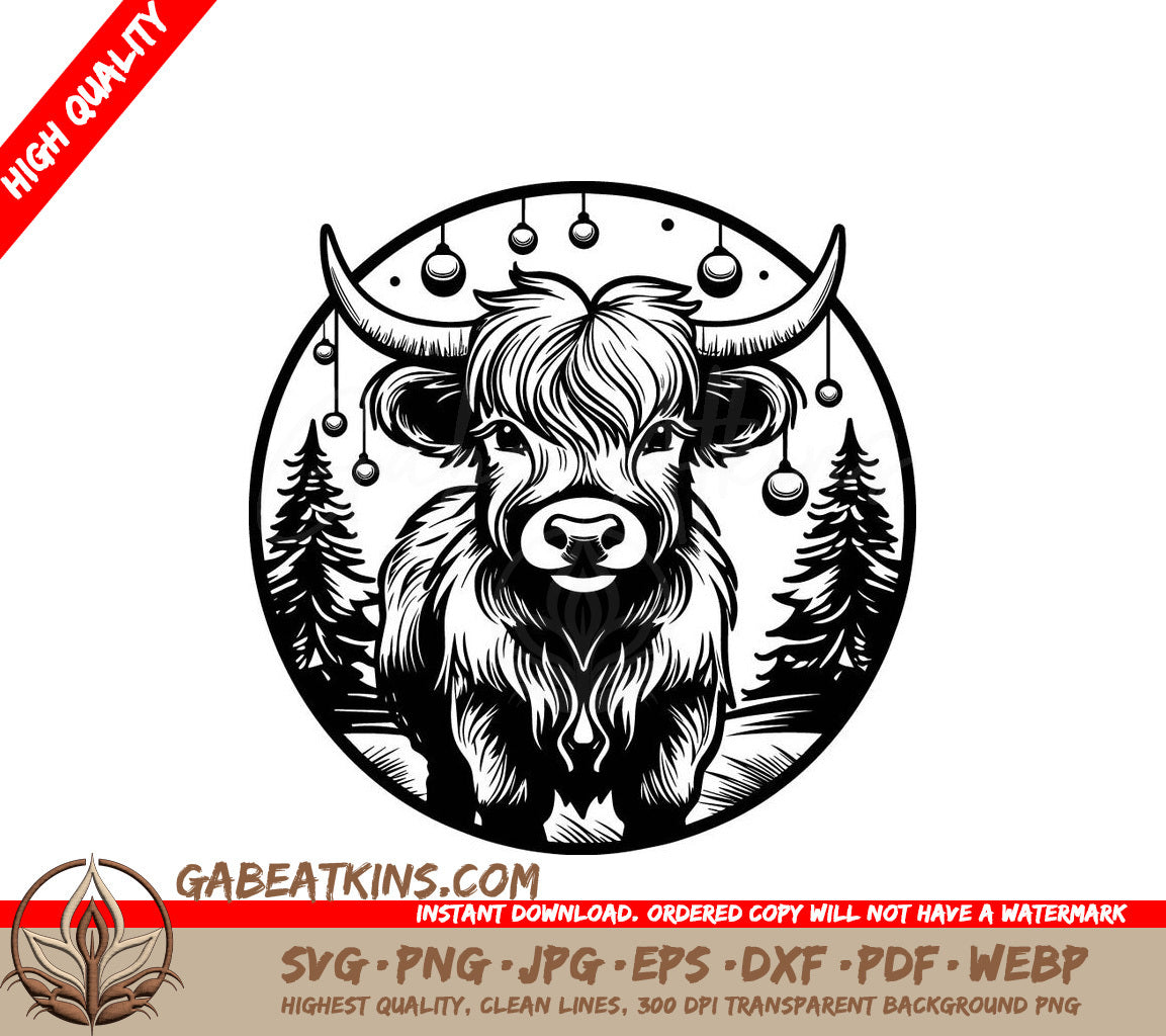 Highland Cow Winter Wonderland SVG - Monochromatic Bull Christmas Illustration SVG