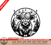 Highland Cow Winter Wonderland SVG - Monochromatic Bull Christmas Illustration SVG