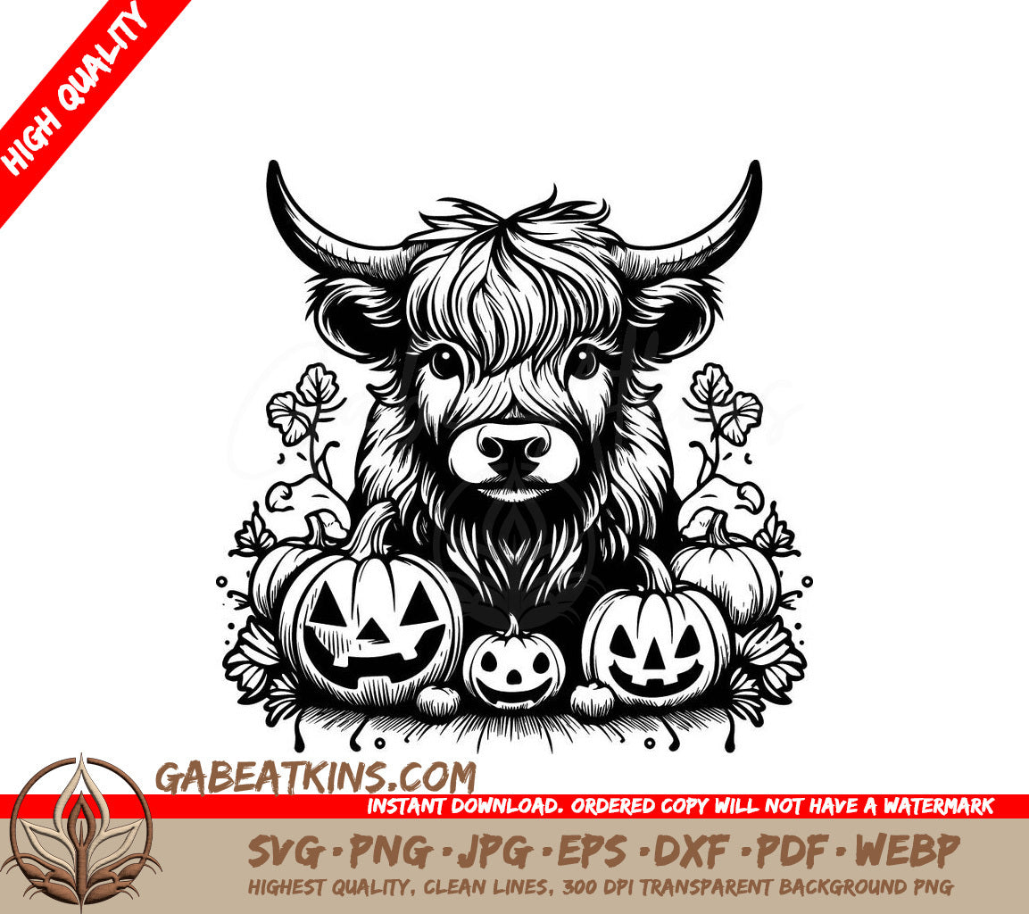 Bull & Pumpkin Patch SVG - Highland Cow Twilight Scene SVG