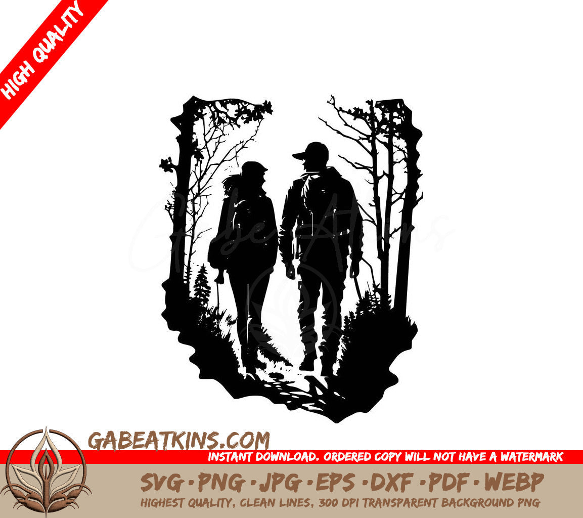 A Silhouette Of A Man And Woman Walking Through A Forest SVG - Hiking Couple SVG