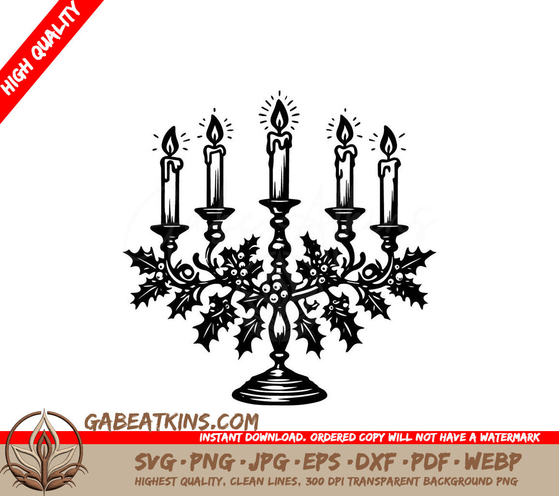 A Candelabra With Candles And Holly SVG - Holly Candelabra SVG