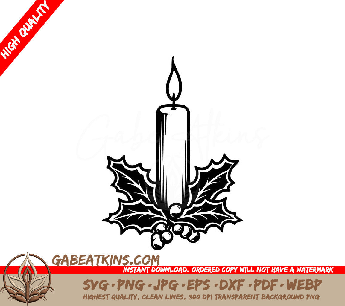 A Candle And Holly SVG - Holly Christmas Candle SVG