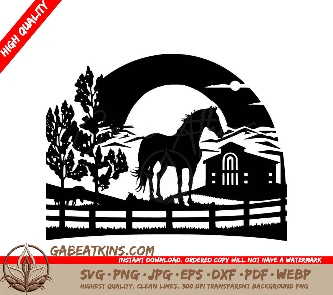 A Horse Standing In Front Of A Barn SVG - Horse Farm Sunrise SVG