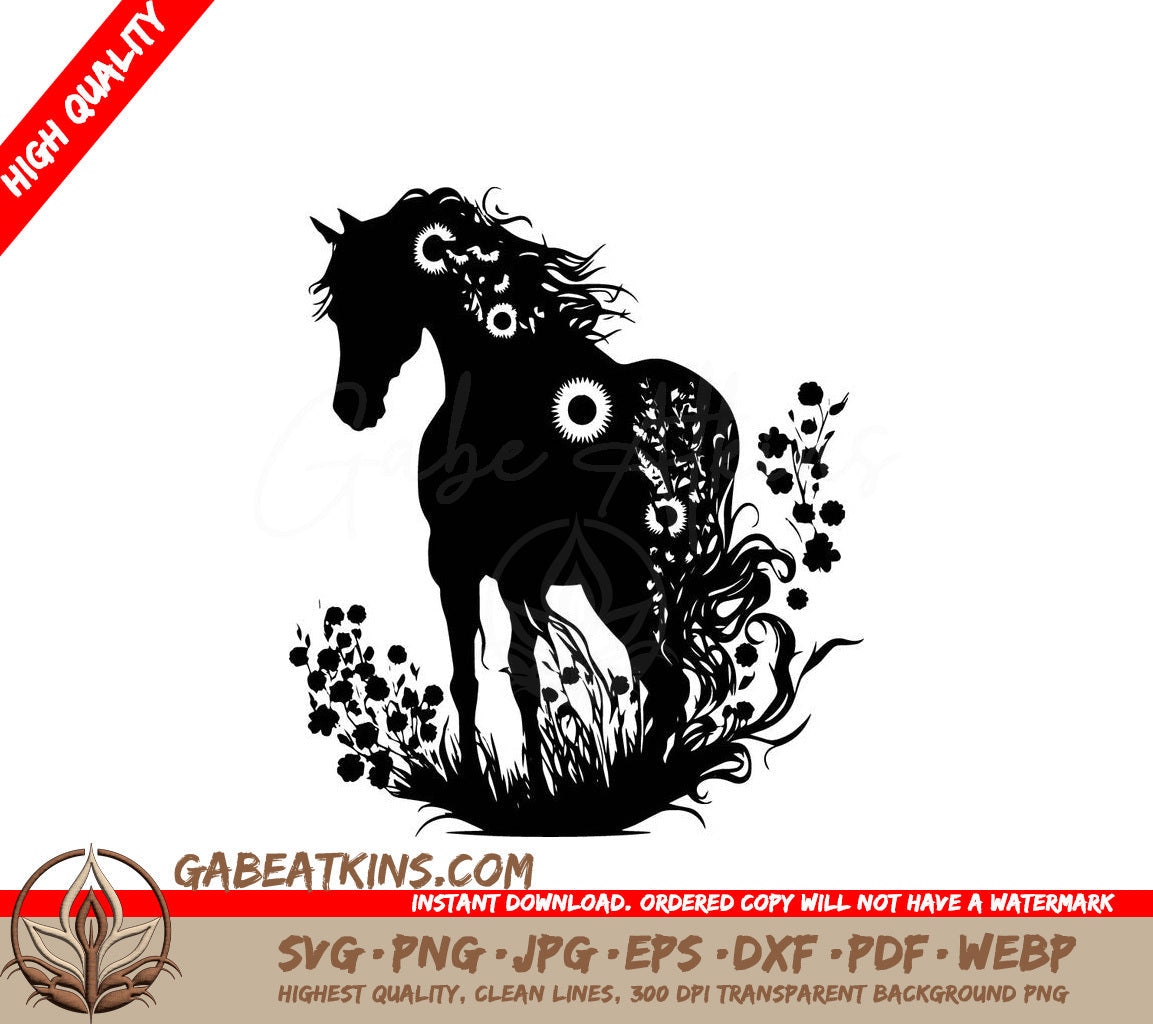 A Silhouette Of A Horse With Flowers On Its Back SVG - Horse Silhouette with Flower Mane SVG