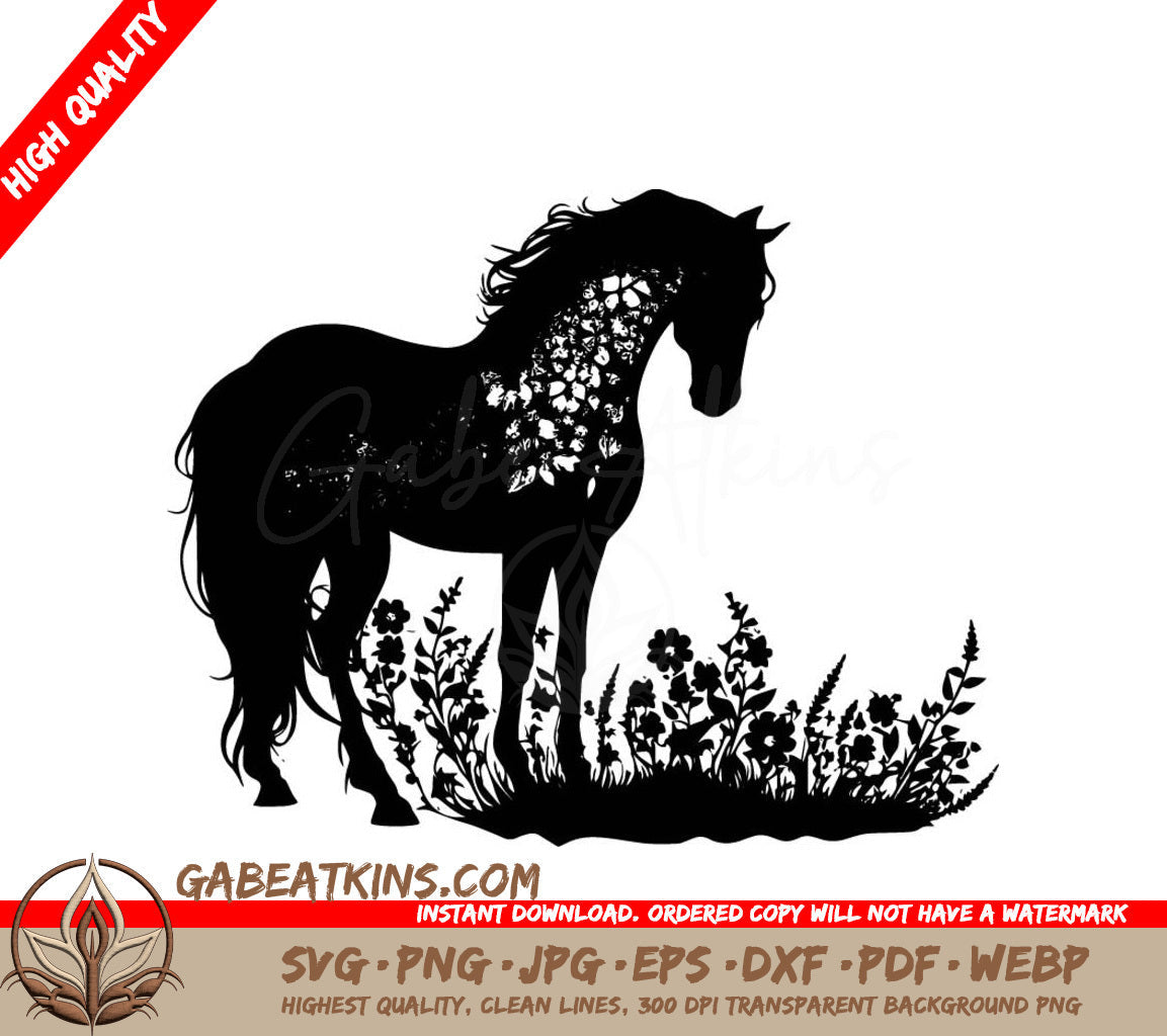 A Silhouette Of A Horse In A Field Of Flowers SVG - Horse Silhouette with Flowers SVG