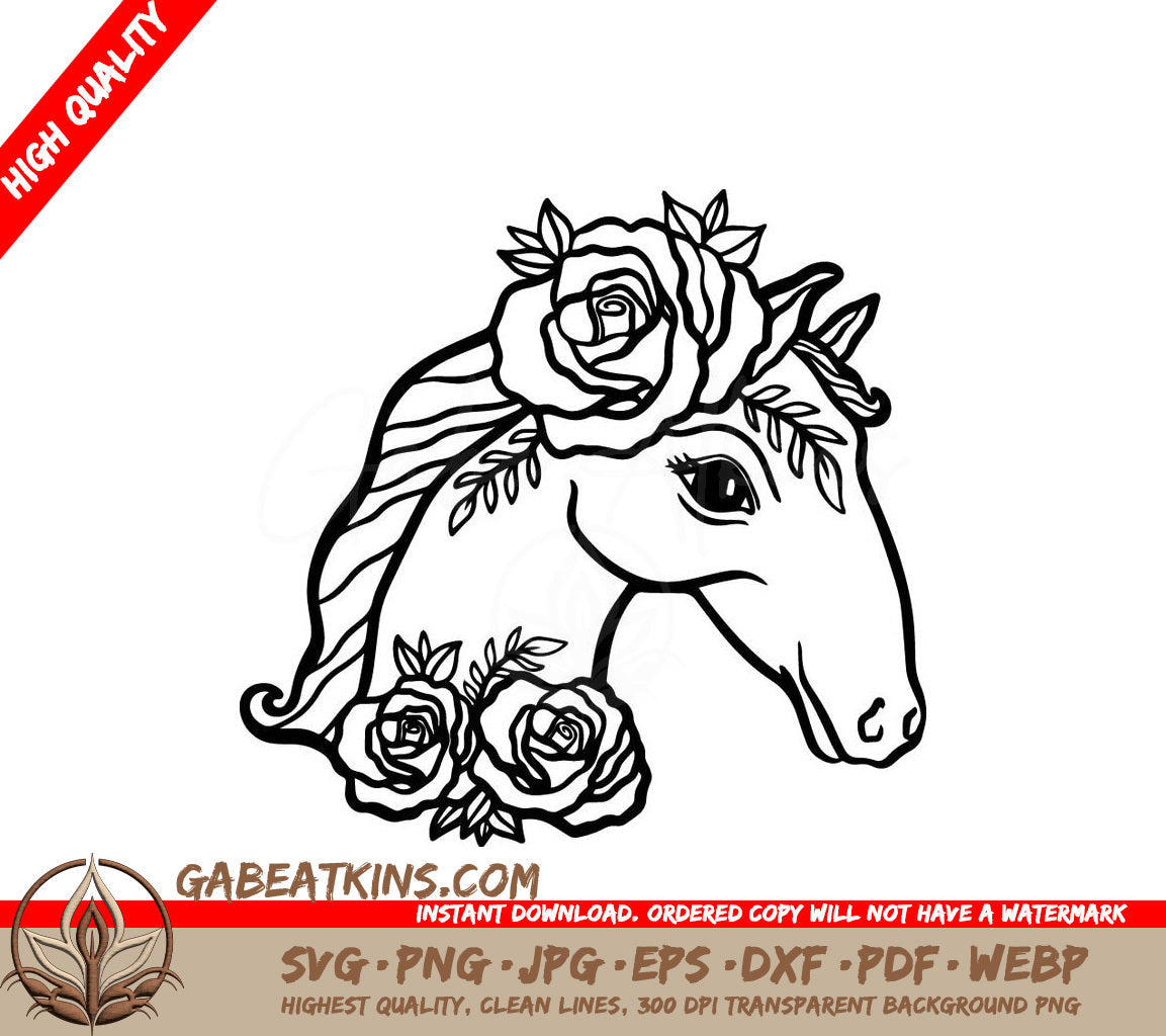A Horse With Roses In Its Mane SVG - Horse head floral flower rose illustration concept SVG