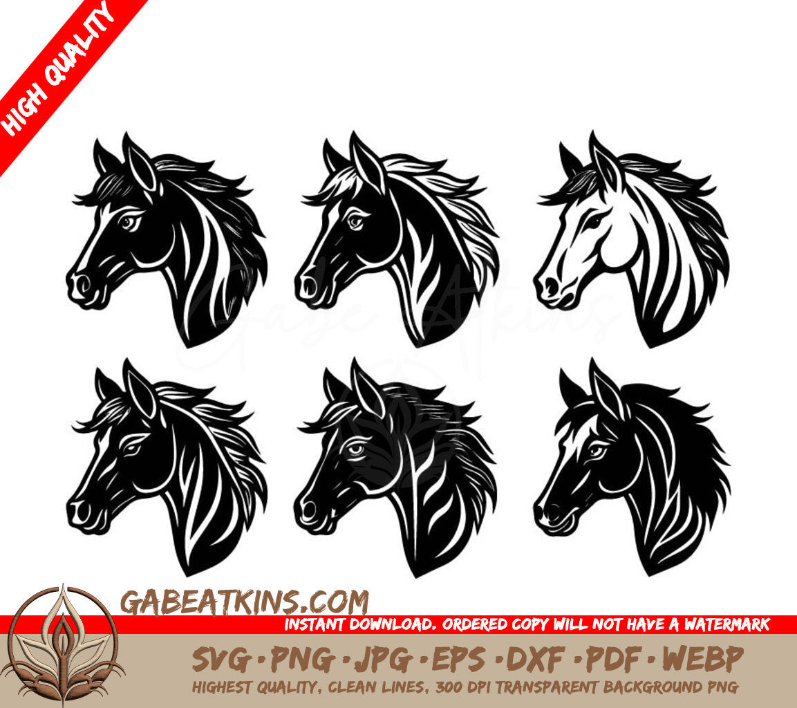 A Set Of Black And White Horse Heads On A White Background SVG - Horse head set black and white vector illustrations Isolated on white background SVG