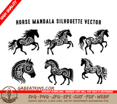 A Set Of Horse Mandala Silhouettes On A White Background SVG - Horse mandala Silhouette black and white vector art Set SVG