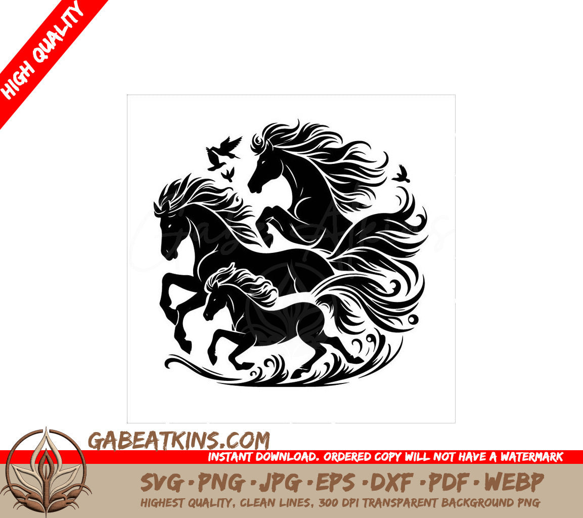 Three Horses And Birds SVG - Horses silhouettes Vector illustration SVG