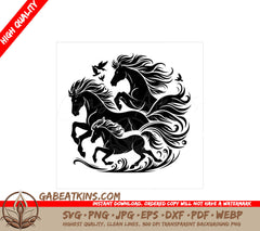 Three Horses And Birds SVG - Horses silhouettes Vector illustration SVG
