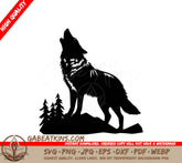 Howling Wolf Silhouette SVG with Trees - Vector Illustration SVG