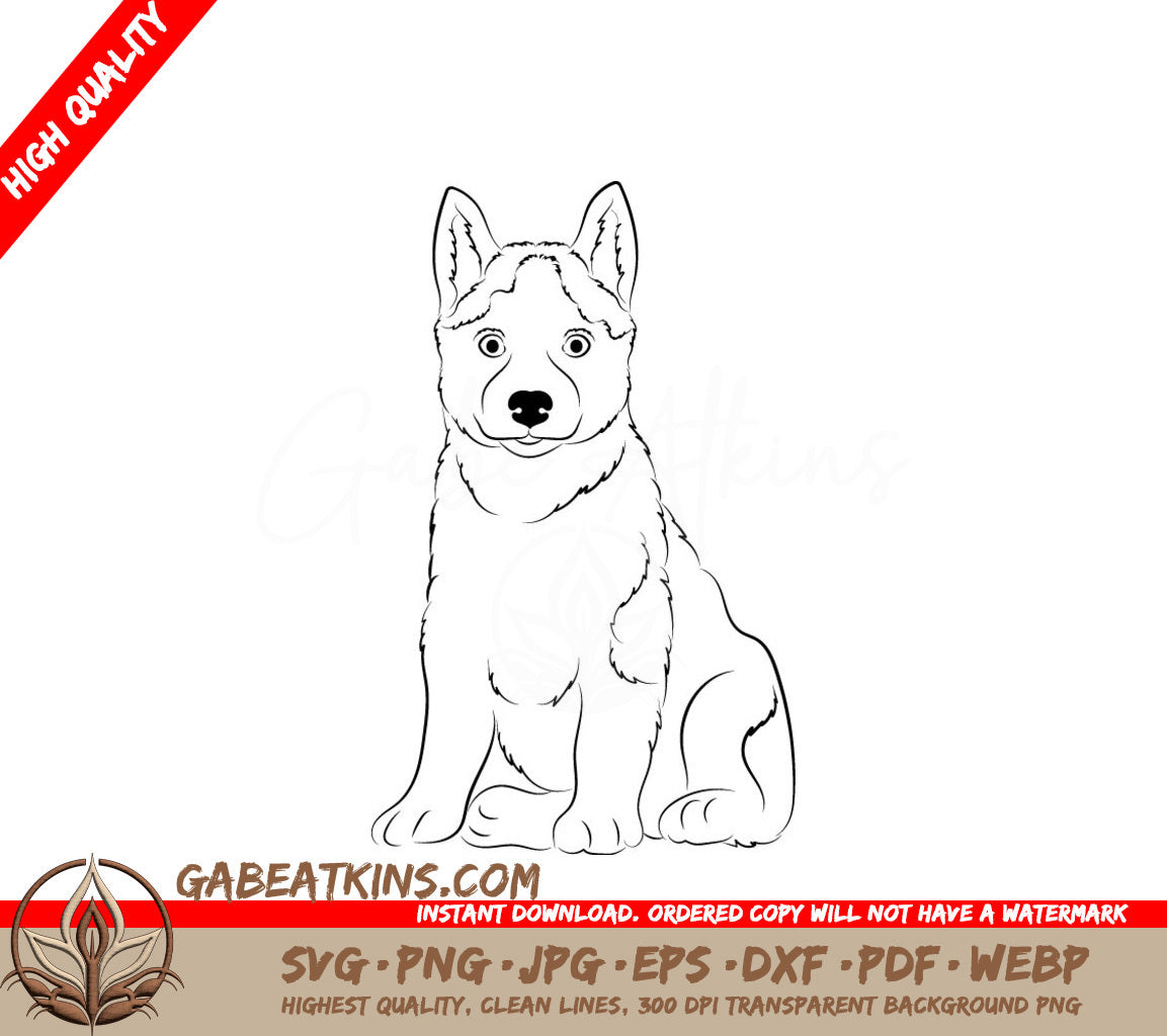 Husky Puppy Sitting Down - Outline SVG Clipart SVG