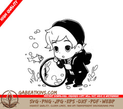 Boy Looking at Fish Through Magnifying Glass SVG - Illustration SVG