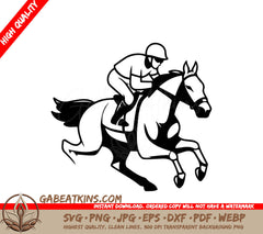 A Jockey Riding A Horse SVG - Illustration of jockey riding a horse on a white background SVG