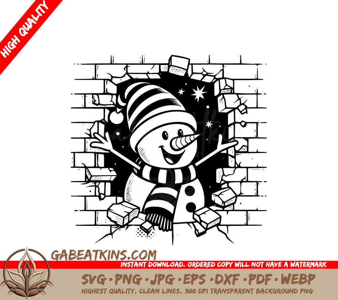 A Snowman Breaking Through A Brick Wall SVG - Joyful Snowman Breakout SVG