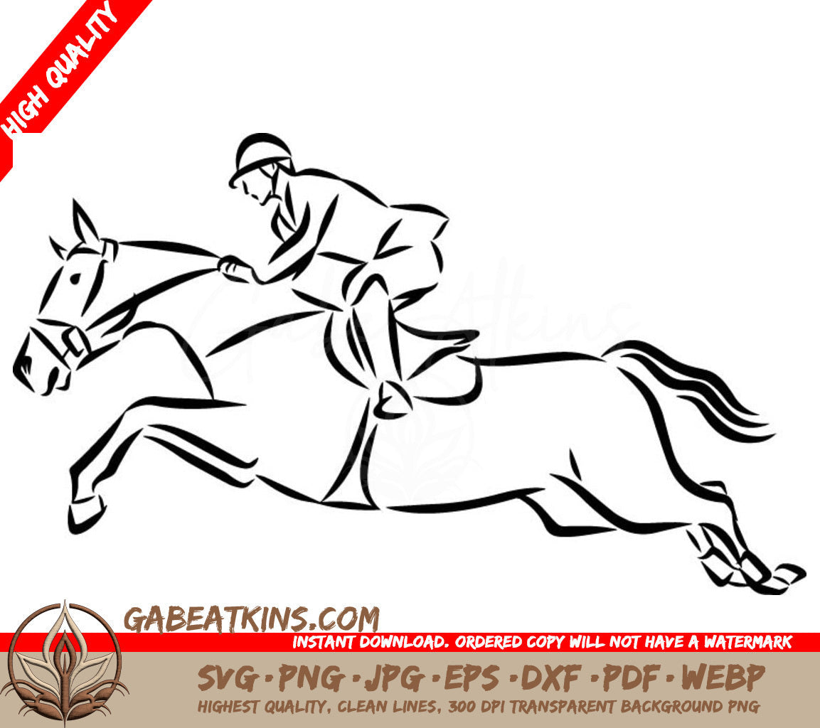 A Jockey Riding A Horse . SVG - Jumping horse_black white picture isolated on white background_vector illustration SVG