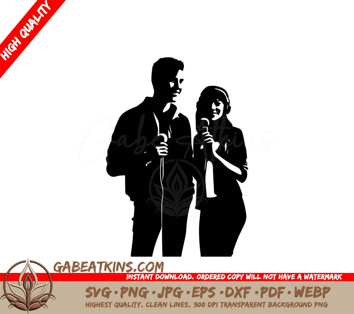 A Man And A Woman Are Singing Into Microphones SVG - Karaoke Couple SVG