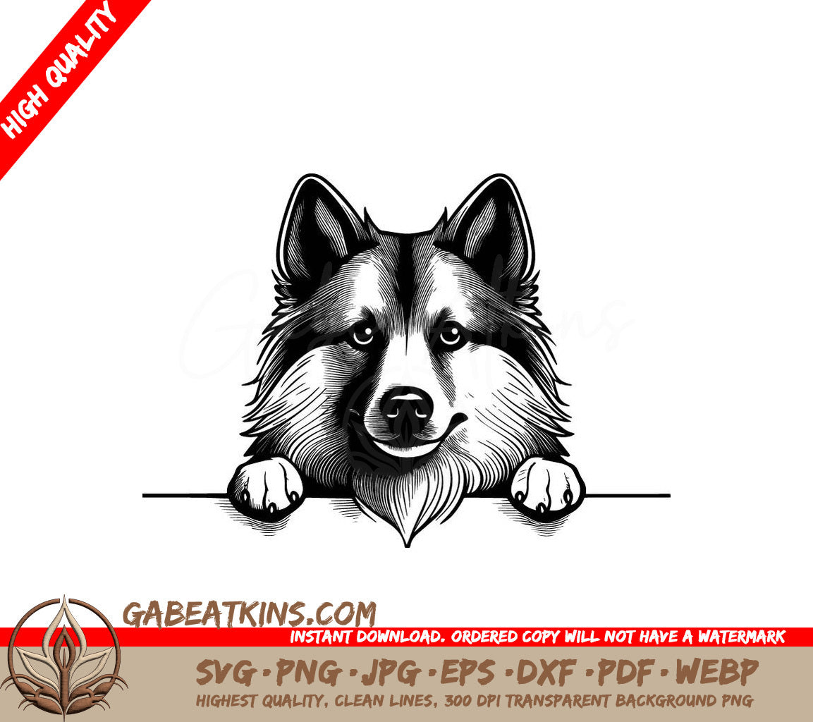 Husky Dog Peeking Over Wall SVG - Keeshond Paws Up 2-in-1 Design SVG