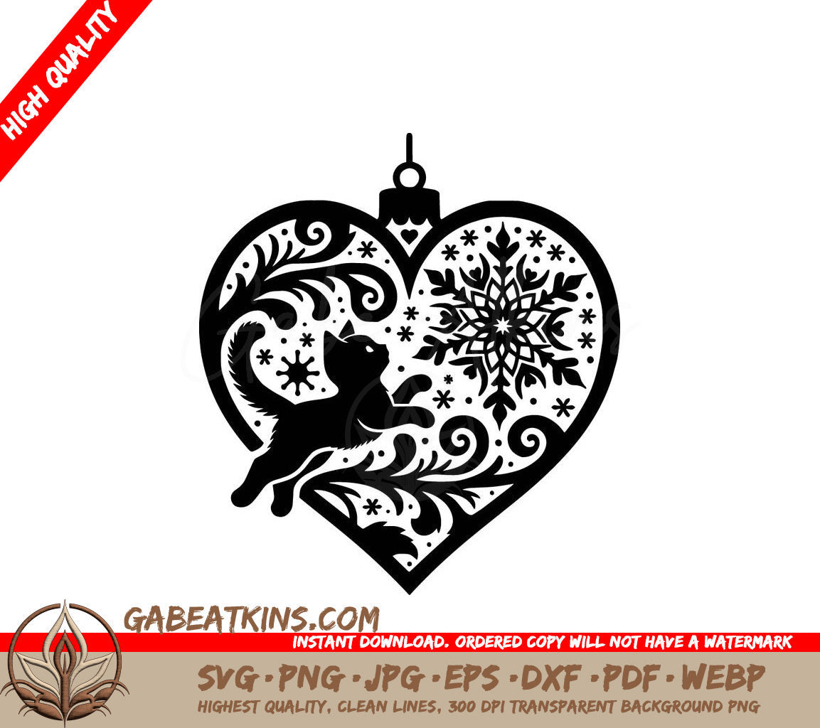 A Cat In A Heart Shaped Ornament SVG - Kitten Snowflake Heart SVG