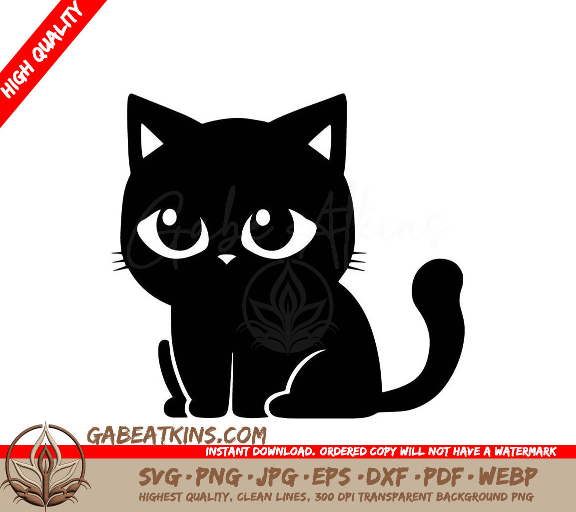 A Black Cat With Big Eyes Is Sitting On A White Background SVG - Kitty Cat SVG