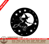 Cute Halloween Witch Silhouette SVG - Flying on Broom with Full Moon SVG