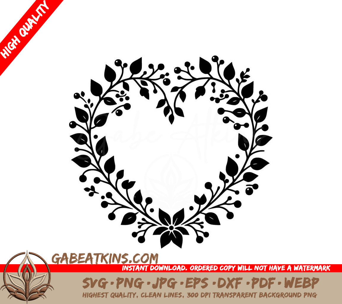 A Heart Shaped Wreath Made Of Leaves And Flowers SVG - Leafy Heart Wreath SVG