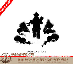 A Silhouette Of A Fireman Carrying A Child With The Words Guardian Of Life Below Him SVG - Life Guardian Rescue SVG