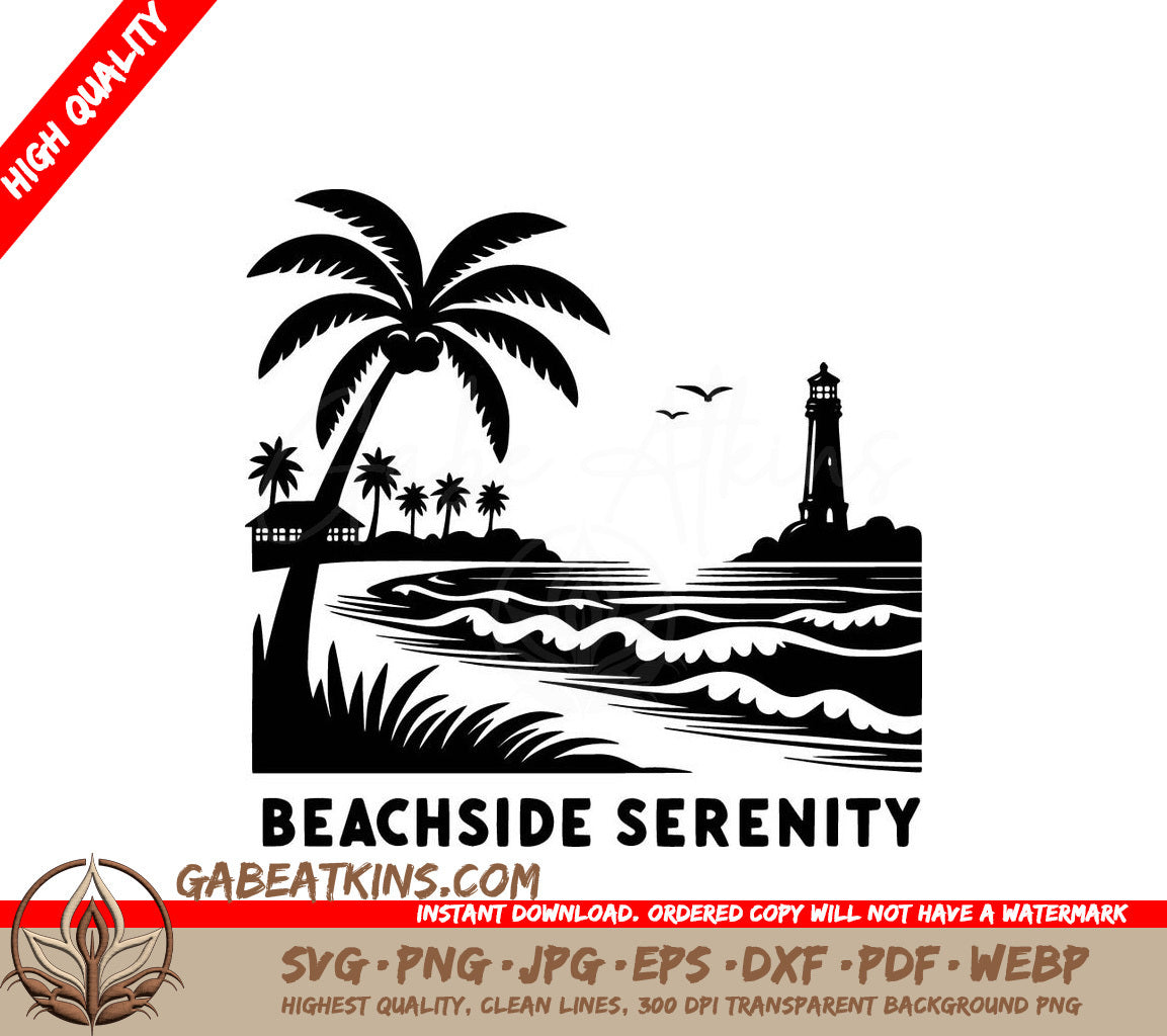 A Lighthouse Palm Trees And The Words Beachside Serenity SVG - Lighthouse Serenity SVG