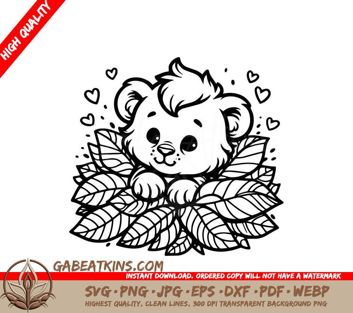 A Lion Cub Surrounded By Leaves And Hearts SVG - Lion Cub Love SVG