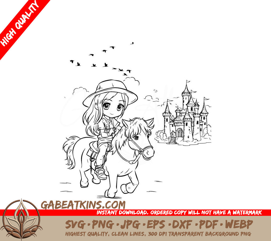 Little Girl Riding Horse & Castle SVG - Coloring Book Illustration SVG
