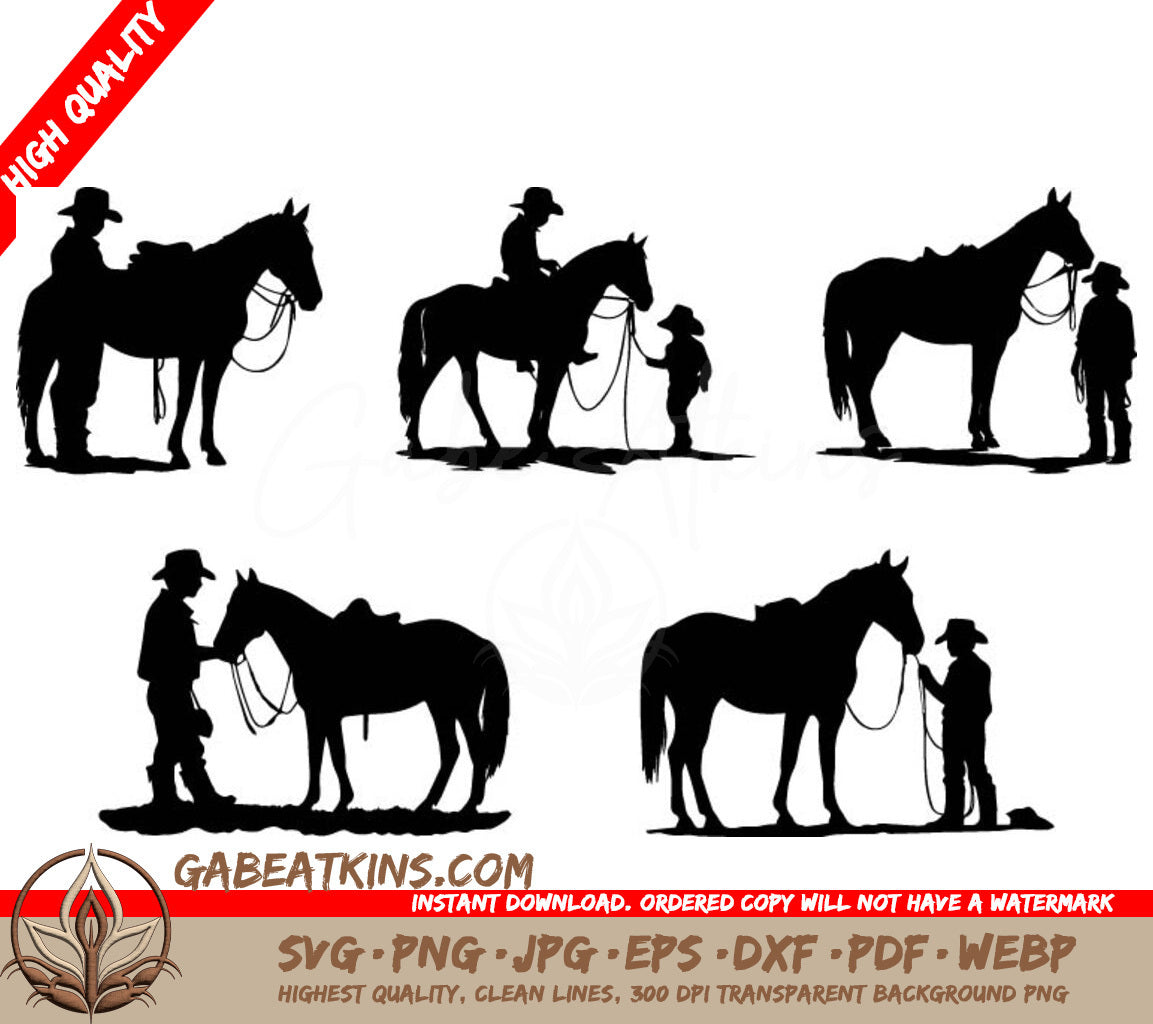A Silhouette Of A Man And A Boy Riding Horses SVG - Little Cowboy with Horse Silhouettes black Vector Set American Small Cowboys with Horses Silhouette SVG