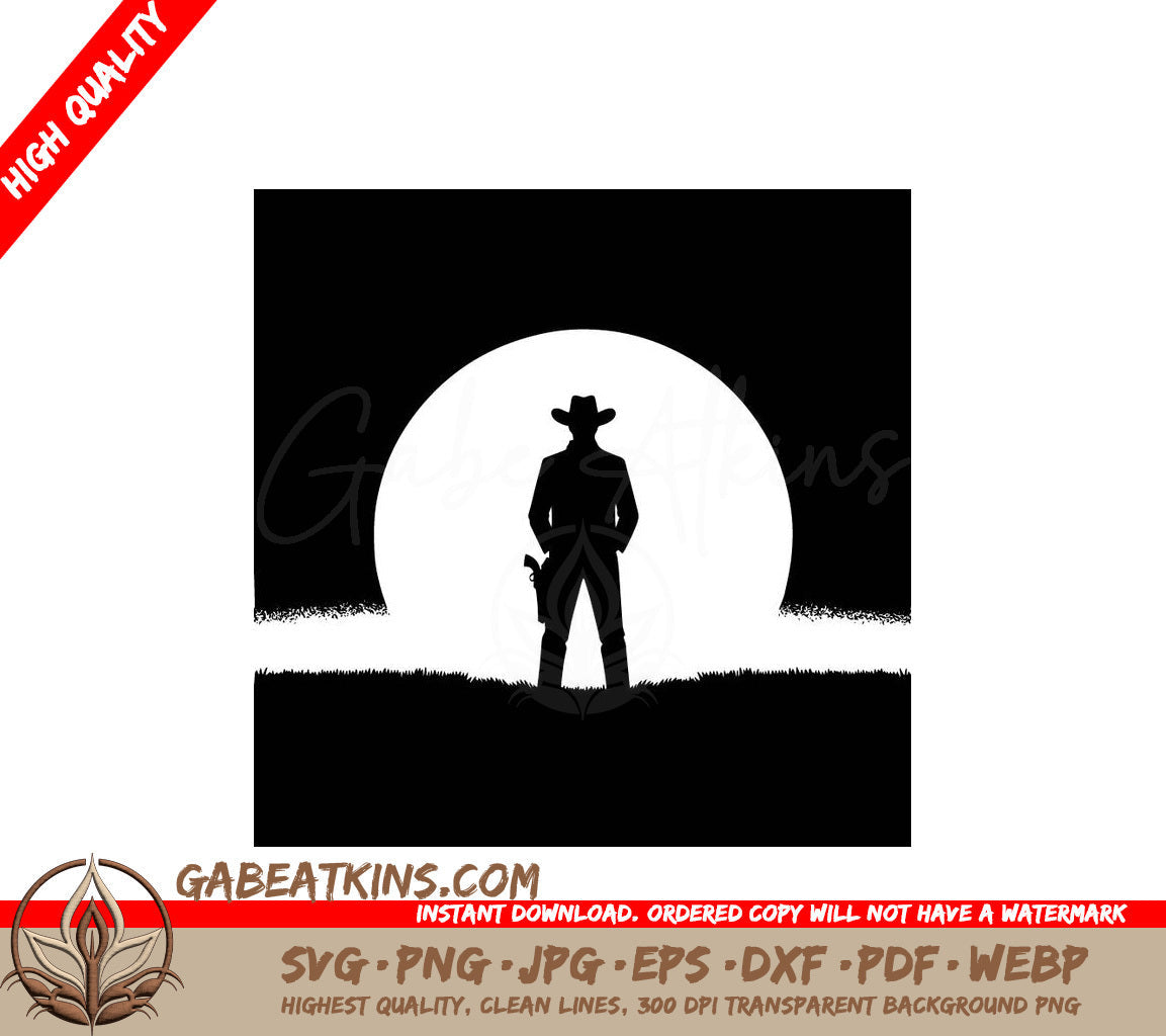 A Silhouette Of A Cowboy Standing In Front Of A Full Moon SVG - Lone Ranger Sunset SVG