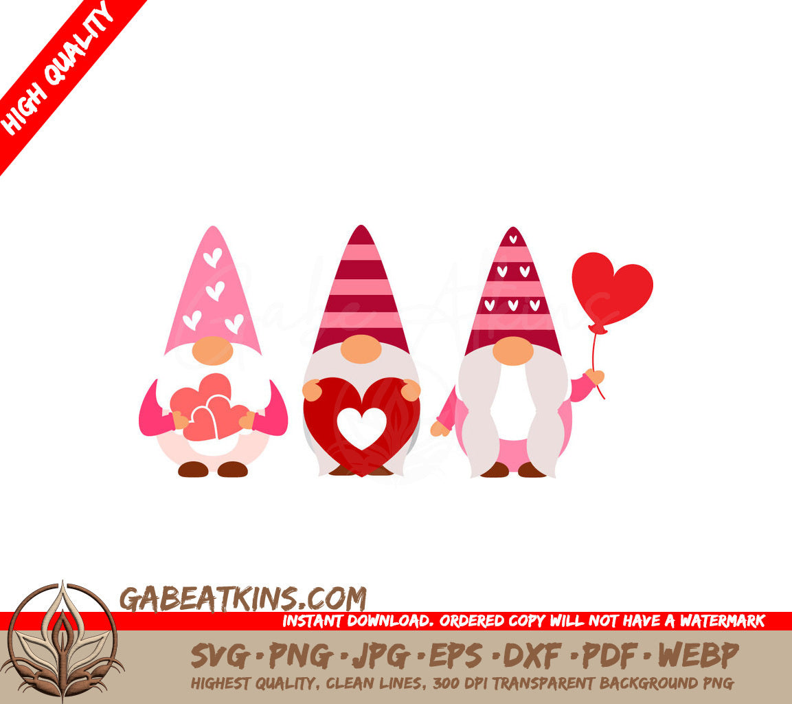 Valentines Gnomes SVG Three Gnomes with Hearts & Balloons SVG