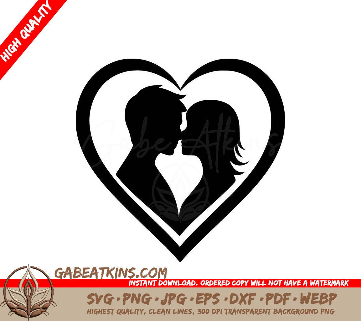 A Silhouette Of A Man And Woman Kissing Inside Of A Heart SVG - Loving Souls SVG