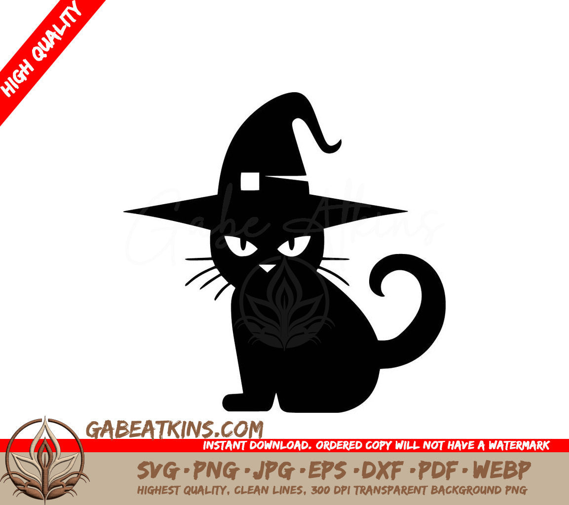 A Black Cat Wearing A Witch Hat On A White Background