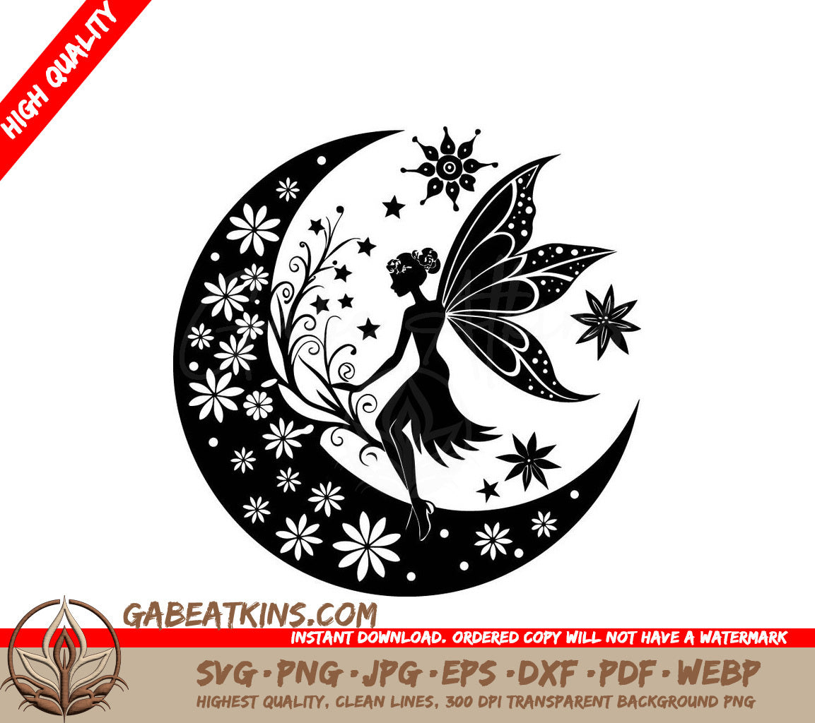 Magical Moonlit Fairy SVG Floral Crescent with Stars SVG