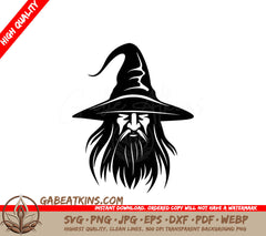 A Black And White Drawing Of A Wizard With Long Hair And A Beard