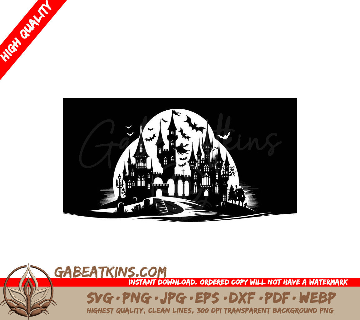 Haunted Castle Silhouette SVG - Spooky Halloween Bats & Full Moon SVG