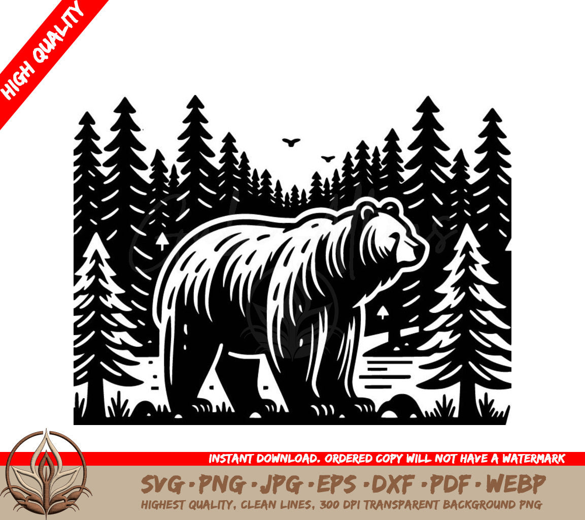 A Black And White Drawing Of A Bear In The Woods