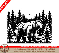 A Black And White Drawing Of A Bear In The Woods