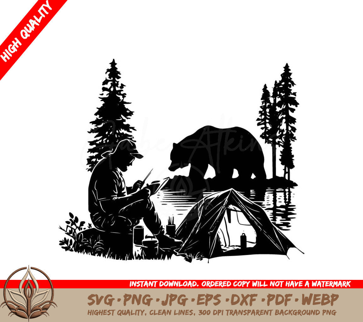 A Man Sits In Front Of A Tent With A Bear In The Background