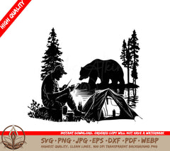 A Man Sits In Front Of A Tent With A Bear In The Background