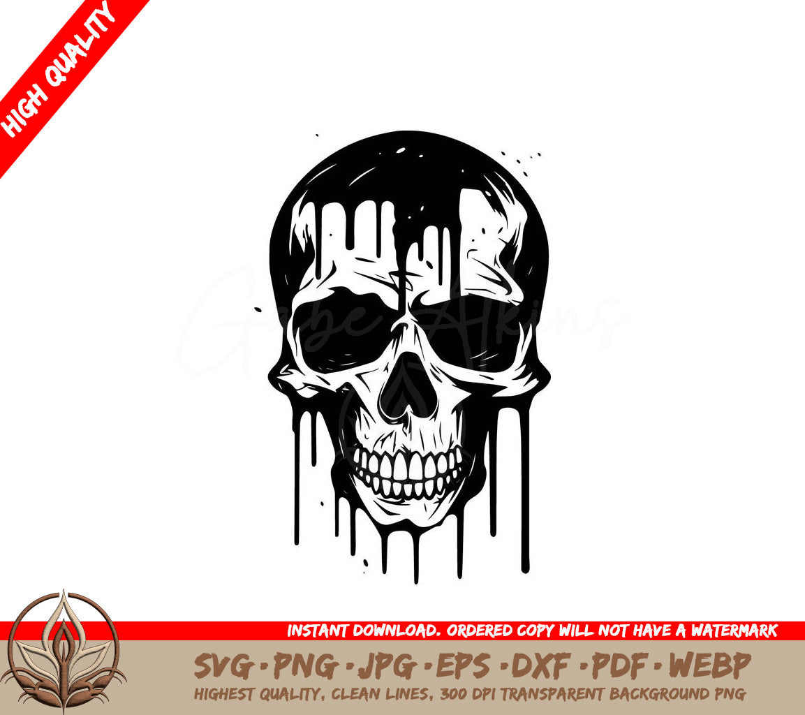 A Black And White Drawing Of A Skull With Dripping Paint