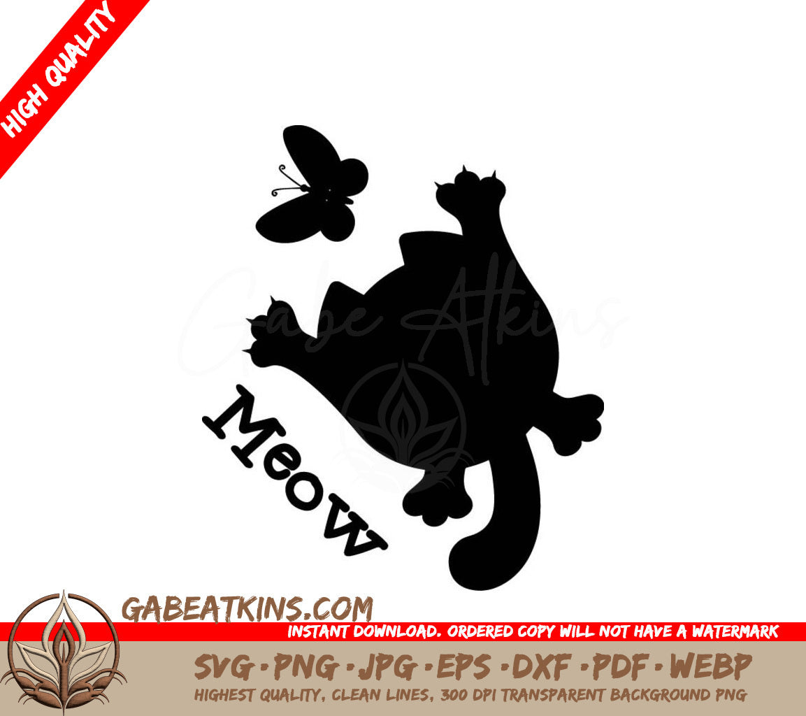 Funny Black Kitten Catching Butterfly Meow SVG Silhouette SVG