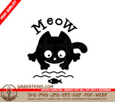 Funny Black Cat Meow SVG - Kitten Catching Fish Design SVG